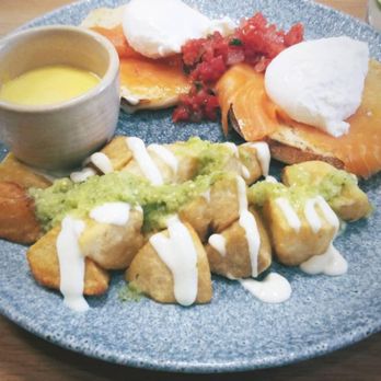 Kost - Eggs Benedict, with some really flavourless cilantro chutney. Trout was not fresh, tasted fishy in a bad way. - American Near Me - Toronto, Ontario Kost - Eggs Benedict, with some really flavourless cilantro chutney. Trout was not fresh, tasted fishy in a bad way. - American Near Me - Toronto, Ontario