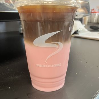 Aroma Joes - What a beautiful iced raspberry macchiato. Yummy. - Coffee & Tea Near Me - Unity, Maine Aroma Joes - What a beautiful iced raspberry macchiato. Yummy. - Coffee & Tea Near Me - Unity, Maine