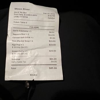 Moon River Thai Kitchen - Receipt - Noodles Near Me - Post Falls, Idaho Moon River Thai Kitchen - Receipt - Noodles Near Me - Post Falls, Idaho