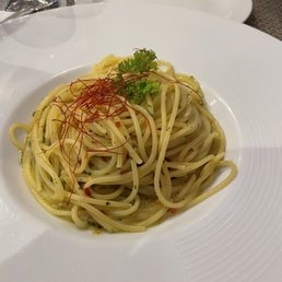 Homemade spaghetti with olive oil, saffron and chilis.  Yum.