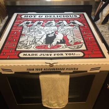 Abruzzo's Pizza - Picture of box holding Abruzzo size pizza for scale! As big as the Oven Stovetop!!! - Pizza Near Me - Jacksonville, North Carolina