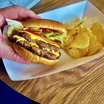 Legendary Lanes - Delicious double cheese burger and chips. $7.00 ! - Bowling Near Me - Huntingburg, Indiana