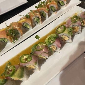 Shiku Sushi - Top is Sun kiss (replaced asparagus with avocado), and bottom is Casanova - Sushi Bars Near Me - La Jolla, California Shiku Sushi - Top is Sun kiss (replaced asparagus with avocado), and bottom is Casanova - Sushi Bars Near Me - La Jolla, California
