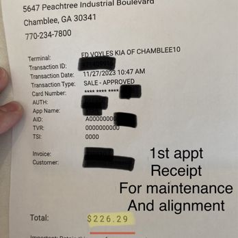 Ed Voyles Kia of Chamblee - Receipt for maintenance and alignment from first appointment - Auto Repair Near Me - Chamblee, Georgia Ed Voyles Kia of Chamblee - Receipt for maintenance and alignment from first appointment - Auto Repair Near Me - Chamblee, Georgia