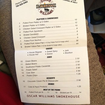Oscar Williams Smokehouse - Menu - Barbeque Near Me - Anderson, Indiana