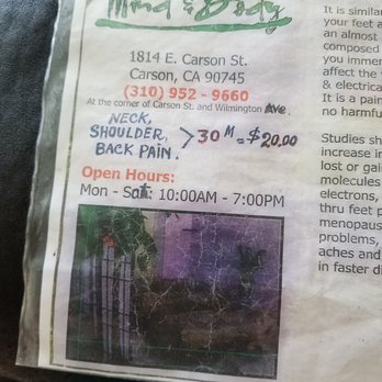 Mind & Body - Address, phone number, hours of operation and cost of 30 min neck, shoulder & back massage ($25) as of 7/3/2018 - Medical Supplies Near Me - Carson, California