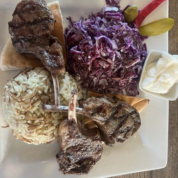 Dvine Mediterranean Experience - Brea - Lamb Chops with rice, 2 slices of pita bread, red cabbage, and garlic sauce. FANTASTIC!!! - Mediterranean Near Me - Brea, California