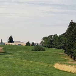 Tekoa Golf Course - Hole 3 long par 5 with a gully. Tree is in the bottom of gully. Green is behind the tree on top of the hill on left.