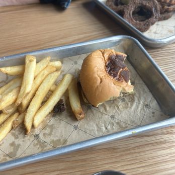 ColdFire Brewing - The top of the burnt bun on the tiny over seasoned hamburger patty. - Breweries Near Me - Eugene, Oregon