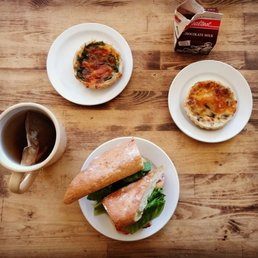 Ham & Swiss french baguette, English breakfast tea, spinach quiche, mushroom quiche & chocolate milk