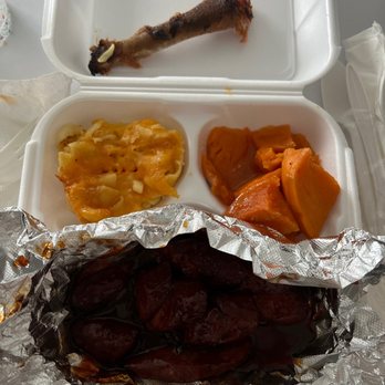 Wrigley BBQ & Grill - Beef Links dinner with Mac and Cheese and Yams! I had one of my husbands ribs, which you can see I demolished it! - Southern Near Me - Long Beach, California Wrigley BBQ & Grill - Beef Links dinner with Mac and Cheese and Yams! I had one of my husbands ribs, which you can see I demolished it! - Southern Near Me - Long Beach, California