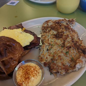Snooze, an A.M. Eatery - Sam I Am with Bacon But Different and Flat and Crispy Hash Browns. 10/10 - Breakfast & Brunch Near Me - Lubbock, Texas Snooze, an A.M. Eatery - Sam I Am with Bacon But Different and Flat and Crispy Hash Browns. 10/10 - Breakfast & Brunch Near Me - Lubbock, Texas