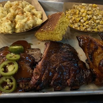 Dinosaur Bar-B-Que - Pick 3 with jalapeño brisket, St. Louis Ribs, and 1/4 Chicken. Sides of mac n cheese and Cajun corn - Barbeque Near Me - Brooklyn, New York