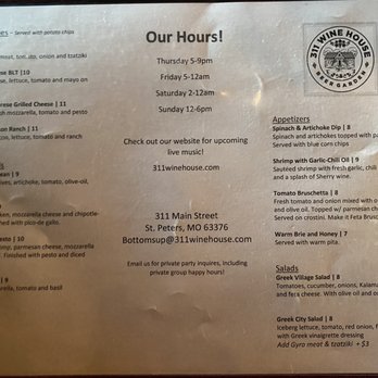 311 Wine House - Menu as of 2/2022. Yes, this is the whole menu. - Mediterranean Near Me - St. Peters, Missouri 311 Wine House - Menu as of 2/2022. Yes, this is the whole menu. - Mediterranean Near Me - St. Peters, Missouri
