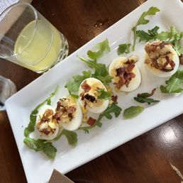 Deviled eggs - pancake crumbles and bacon, no maple glaze for me though.