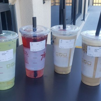 7 Leaves Cafe - Green Thai Tea Strawberry Hibiscus Milk Tea Vietnamese Coffee (left to right) - Coffee & Tea Near Me - Rowland Heights, California
