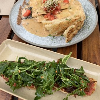 Nourish Bistro - Mushroom Ravioli and red beet bruschetta - Vegan Near Me - Banff, Alberta Nourish Bistro - Mushroom Ravioli and red beet bruschetta - Vegan Near Me - Banff, Alberta