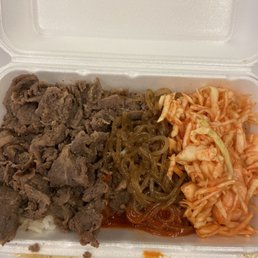 Bulgogi with rice, glass noodles, and kimchi. All for under $10!