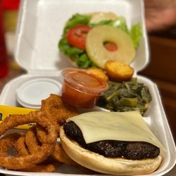 Mo Byte Southern Style Homecooking - Teriyaki Burger, Onion Rings, Collard Greens and Honey Cornbread Muffins