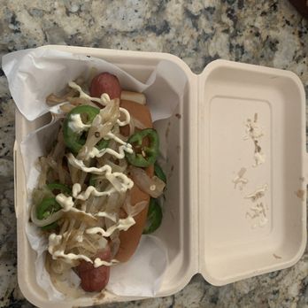 Local Dogs - Custom Bacon Wrapped Hot Dog with Mayo, Grilled Onions, and Grilled Jalapeños - Hot Dogs Near Me - Galveston, Texas Local Dogs - Custom Bacon Wrapped Hot Dog with Mayo, Grilled Onions, and Grilled Jalapeños - Hot Dogs Near Me - Galveston, Texas