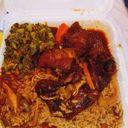 Carib Grill - Brown Stew Chicken, with Rice & Peas & Collard Greens.