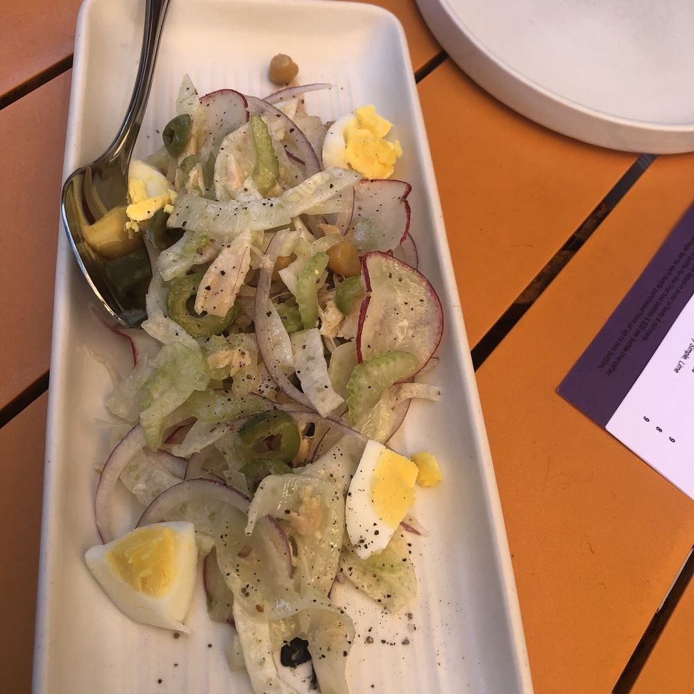Bravas Bar de Tapas - Tuna Belly Salad , Green Olives , Egg , Shaved Celery.   Wish they went a little heavier with the tuna - Spanish Near Me - Healdsburg, California