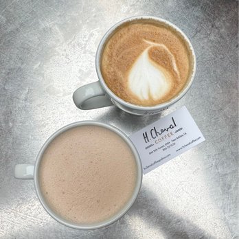 H. Cheval Coffee - Top: Cappuccino, Bottom: Chai latte with oat milk - Coffee & Tea Near Me - Paso Robles, California H. Cheval Coffee - Top: Cappuccino, Bottom: Chai latte with oat milk - Coffee & Tea Near Me - Paso Robles, California