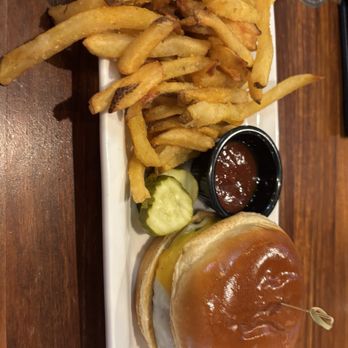 BRU Burger Bar - Lexington - Garlic Three Cheese Burger with a black bean patty and fries. - Burgers Near Me - Lexington, Kentucky