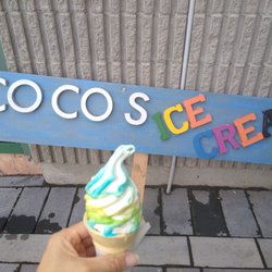 Snack size vanilla cone ($2.50) with Blue Goo, Green Apple and Pina Colada flavour burst (additional $1).