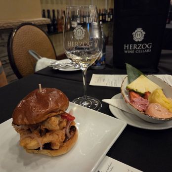 Herzog Wine Cellars - Fried Chicken Sandwich and Tree Trio Sorbet (raspberry coconut, pineapple, guava). Delicious - Wineries Near Me - Oxnard, California Herzog Wine Cellars - Fried Chicken Sandwich and Tree Trio Sorbet (raspberry coconut, pineapple, guava). Delicious - Wineries Near Me - Oxnard, California