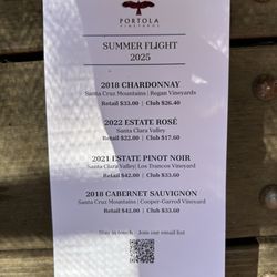 Portola Vineyards - Tasting menu