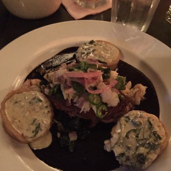 Fonda Park Slope - Filet with seafood salad, mole, creamed spinach sopes - Mexican Near Me - Brooklyn, New York Fonda Park Slope - Filet with seafood salad, mole, creamed spinach sopes - Mexican Near Me - Brooklyn, New York