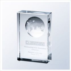 Memorable Engraving - Optical crystal 3-D globe block, 8"x4.5"x1.25"thick, custom engraved, $150