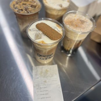 Goose Coffee - L to R, B to F: Goose latte, Kinako latte, Biscoff latte, Mont Blanc latte - Coffee & Tea Near Me - Rancho Cucamonga, California