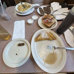 Main Street Cafe - The Thick One French Toast with a side of sausage, Gyro Skillet with a side of extra gyro