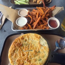 Chicken potpie, sweet potato fries, chicken wings. Chicken potpie, sweet potato fries, chicken wings.