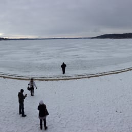Walking on frozen lake.