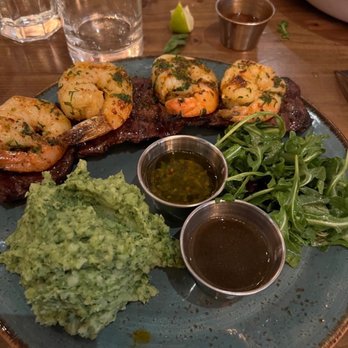Casa Del Toro - Skirt steak with shrimp and cilantro mashed potatoes - Latin American Near Me - Hayward, California Casa Del Toro - Skirt steak with shrimp and cilantro mashed potatoes - Latin American Near Me - Hayward, California