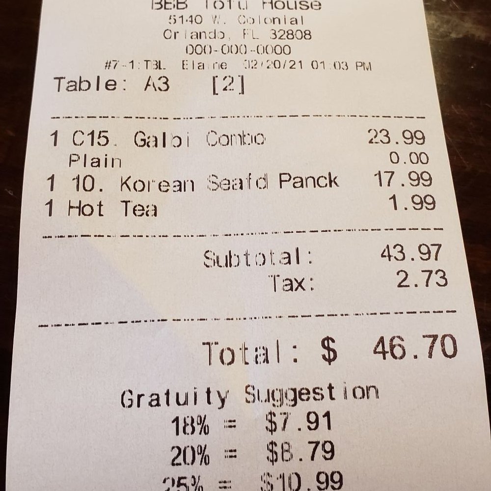 BBB Tofu House - The bill! - Korean Near Me - Orlando, Florida