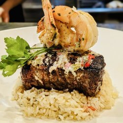 Lomo de Res beef tenderloin steak with grilled prawn