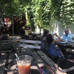 Outdoor patio. Iced Americano.