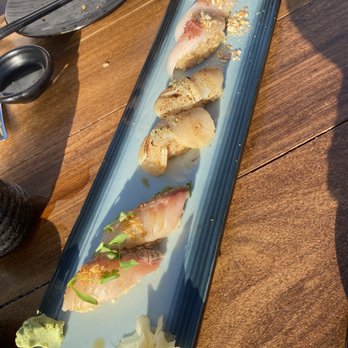 Kaiyo Rooftop - Closest to furthest: Suzuki nigiri (red snapper), hotate nigiri (scallop), Hamachi nigiri (yellowtail) - Peruvian Near Me - San Francisco, California Kaiyo Rooftop - Closest to furthest: Suzuki nigiri (red snapper), hotate nigiri (scallop), Hamachi nigiri (yellowtail) - Peruvian Near Me - San Francisco, California