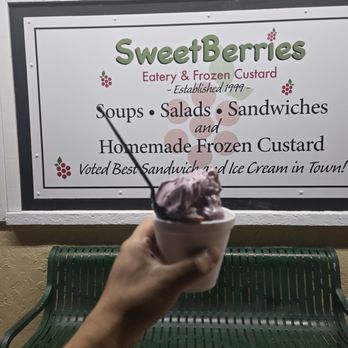 Sweetberries Eatery & Frozen Custard - I ordered the SweetBerries Sunset: vanilla custard, (ran out of) peaches, raspberries & blackberries. A small for $6.39 was plenty. - Ice Cream & Frozen Yogurt Near Me - Bradenton, Florida Sweetberries Eatery & Frozen Custard - I ordered the SweetBerries Sunset: vanilla custard, (ran out of) peaches, raspberries & blackberries. A small for $6.39 was plenty. - Ice Cream & Frozen Yogurt Near Me - Bradenton, Florida