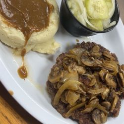 PTs Family Restaurant - Chopped sirloin with mushrooms and onions, potato's and gravy and cucumbers and onions