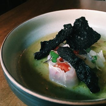 Tuome - Fluke Crudo w/ Squid Ink Crisps - New American Near Me - New York, New York Tuome - Fluke Crudo w/ Squid Ink Crisps - New American Near Me - New York, New York