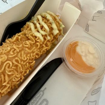 Oh K-Dog Forest Hills - Oh K Classic Hot Dog (클래식 핫도그) with ramen topping - topped with mexican green chili mayo, garlic and cheesy garlic sauce - Hot Dogs Near Me - Forest Hills, New York