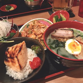 RAMEN-SAN - Tonkatsu ramen, salmon on rice, salad, kimchi - Ramen Near Me - Chicago, Illinois RAMEN-SAN - Tonkatsu ramen, salmon on rice, salad, kimchi - Ramen Near Me - Chicago, Illinois