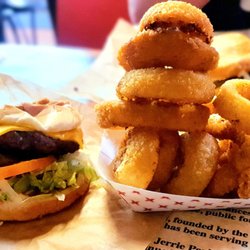 Duke's Grill - Single hand-made cheeseburger and small order of onion rings.