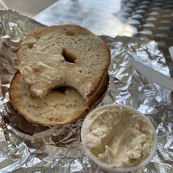 Bagel Factory - Cinnamon Sugar dipped bagel with Brown Cinnamon Cream Cheese
