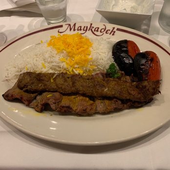 Maykadeh - Chelo-kebab Soltani - One skew of Kebab Koobideh and one skew of Kebab Barg served with Basmati rice and roasted tomatoes, - Persian/Iranian Near Me - San Francisco, California Maykadeh - Chelo-kebab Soltani - One skew of Kebab Koobideh and one skew of Kebab Barg served with Basmati rice and roasted tomatoes, - Persian/Iranian Near Me - San Francisco, California